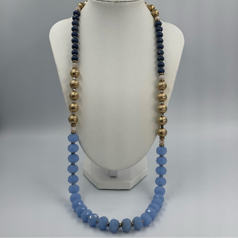 Long Glass Beaded Necklace Light Blue Rondelle Beads Dark Blue Faceted & Gold